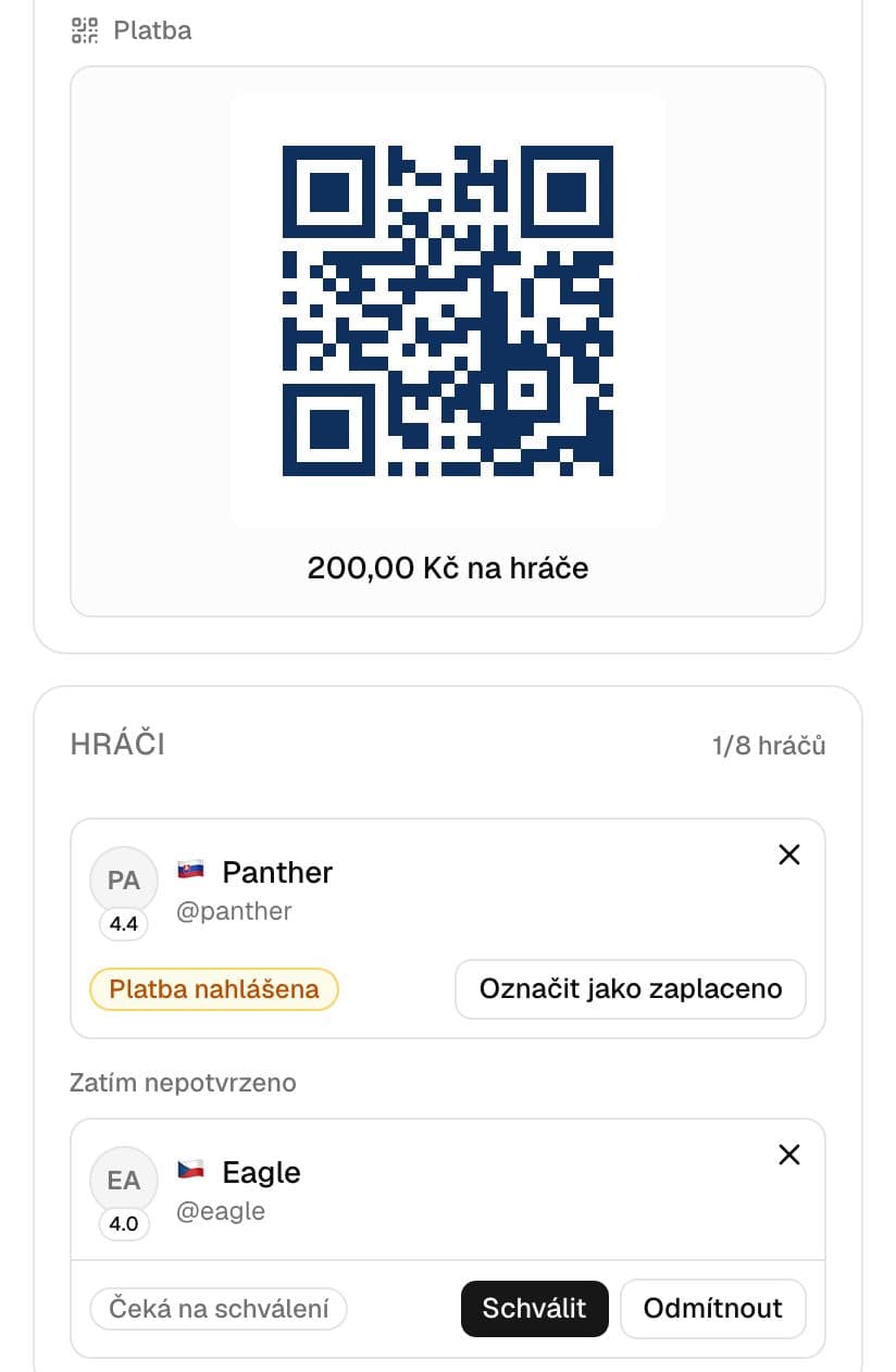 Přihlášky do turnaje s žádostí ke schválení, startovným a QR kódem pro platbu