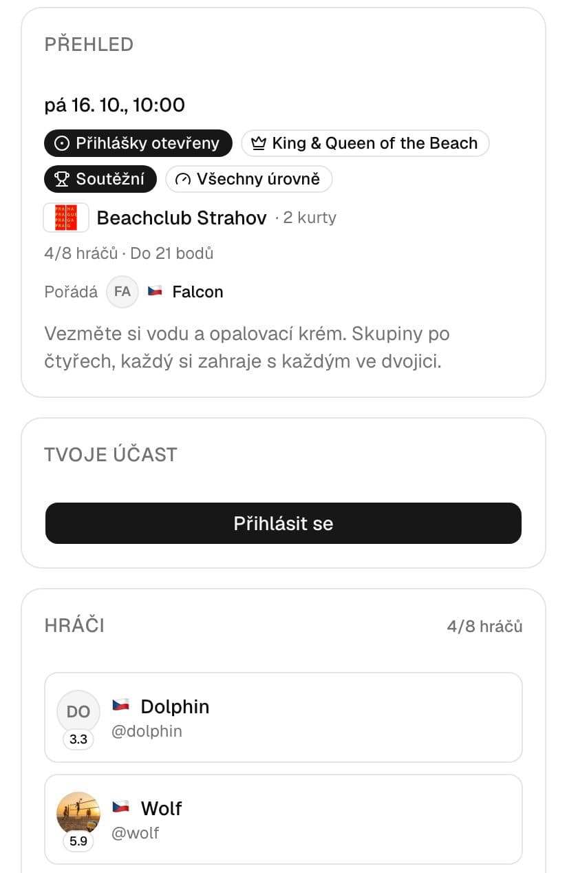 Otevřený King of the Beach s datem, klubem, přihlášenými hráči a tlačítkem pro přihlášení