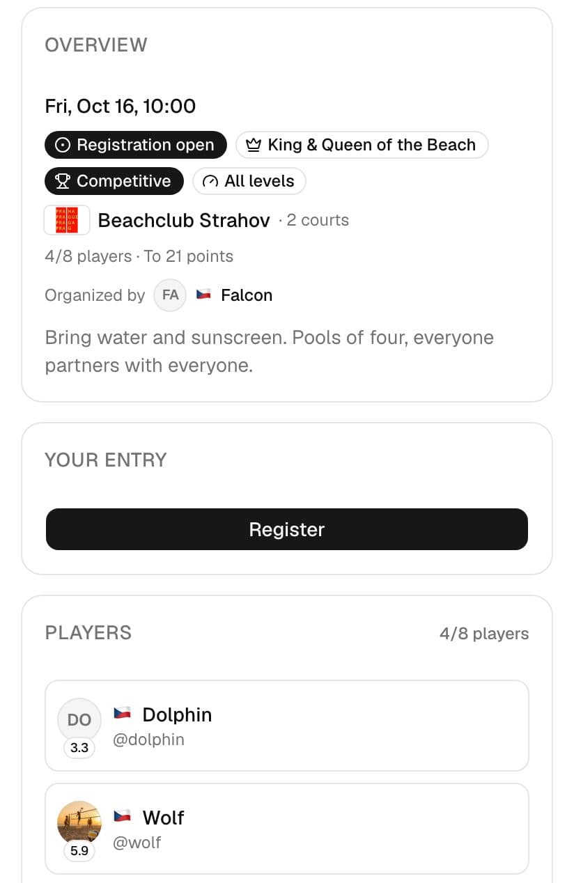 An open King of the Beach with the date, the club, the players entered and the button to enter