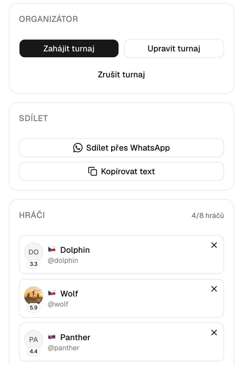 Pohled organizátora na otevřený King of the Beach s tlačítkem Zahájit turnaj a přihlášenými hráči