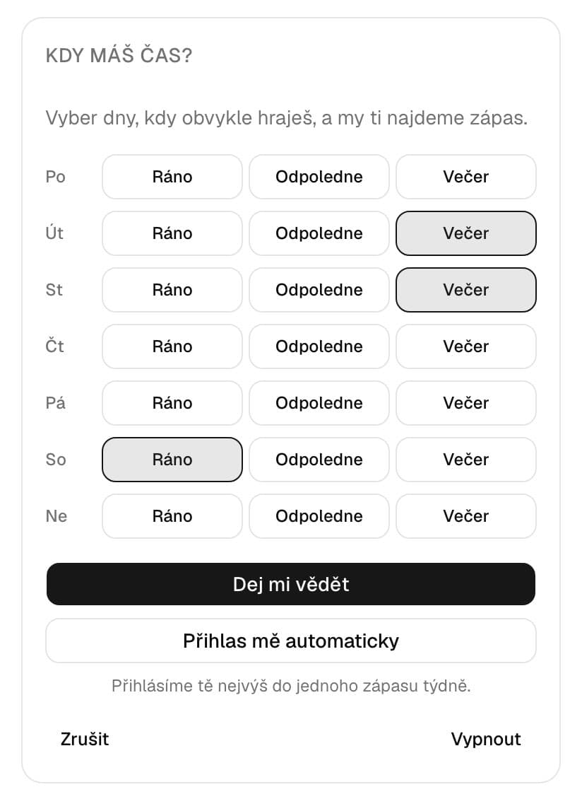 Mřížka Kdy máš čas? s vybraným úterním a středečním večerem a sobotním ránem