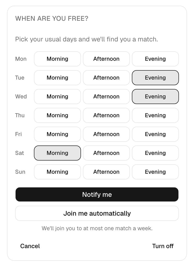 When are you free grid with Tuesday and Wednesday evening and Saturday morning picked