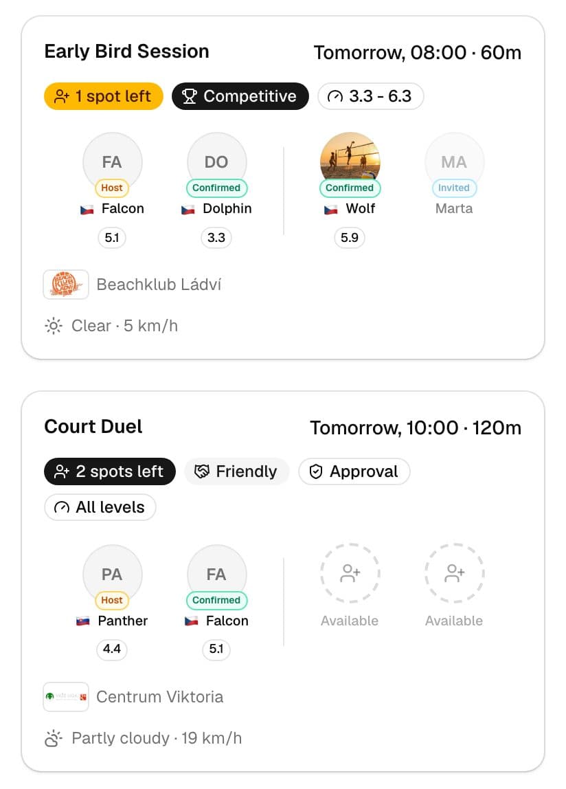 Two open match cards with the spots left, the level range, the players and the weather