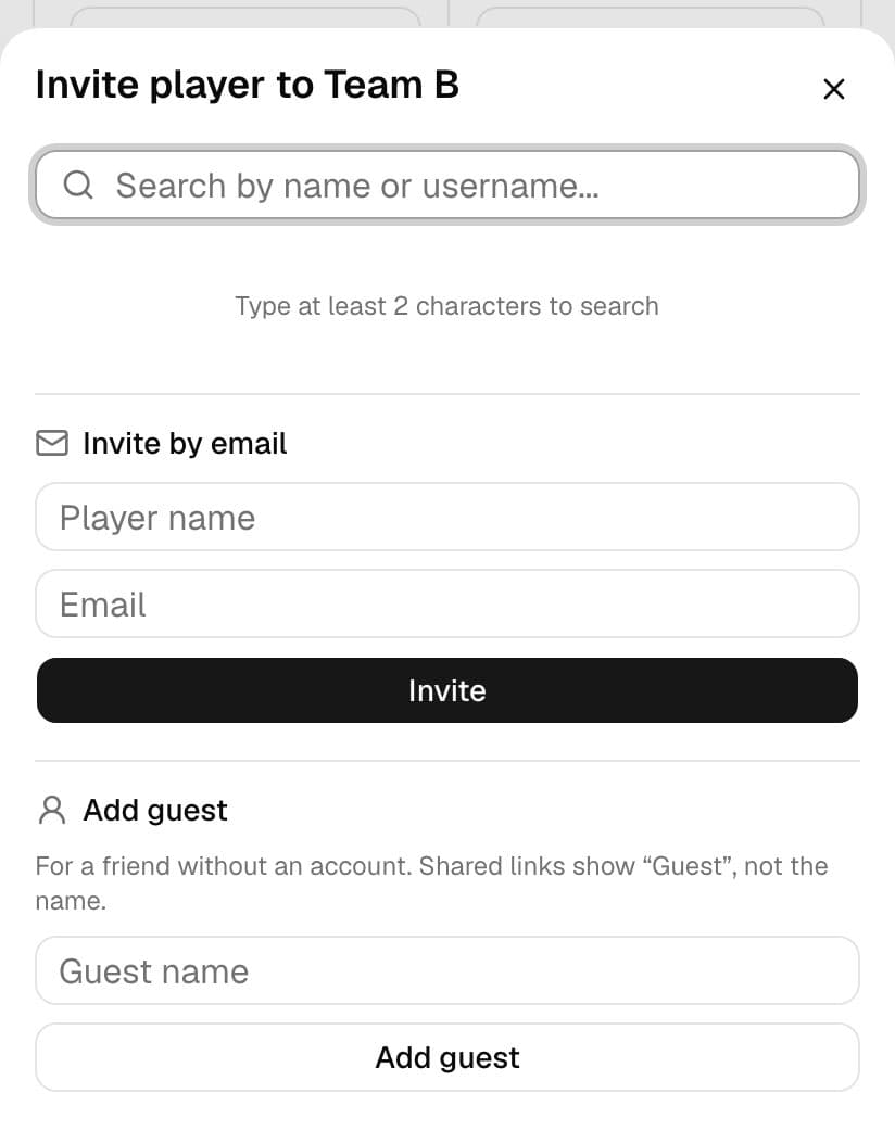 Invite player sheet with player search, Invite by email and a field for a player without an account