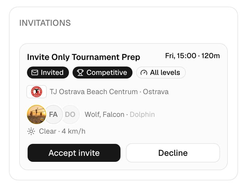 Home screen with a match invitation and Accept and Decline buttons