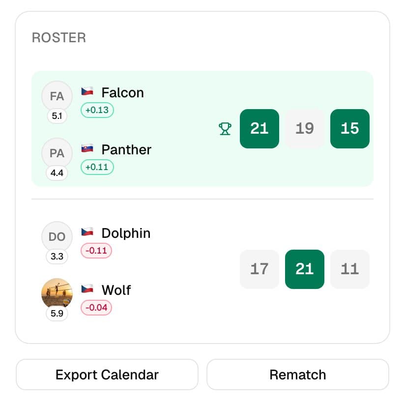 Finished match with the set scores and each player's level change