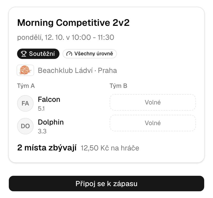 Sdílená karta zápasu s hráči, dvěma volnými místy a tlačítkem Připoj se k zápasu