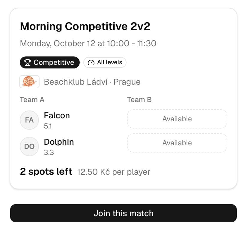 Shared match card with the players, two open spots and a Join this match button