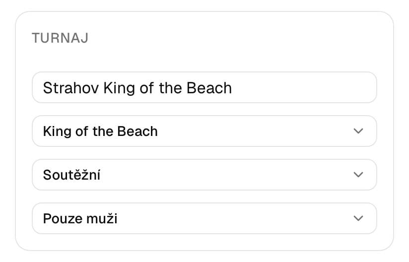 Formulář nového turnaje s názvem a vybraným formátem King of the Beach, typem Soutěžní a kategorií Pouze muži